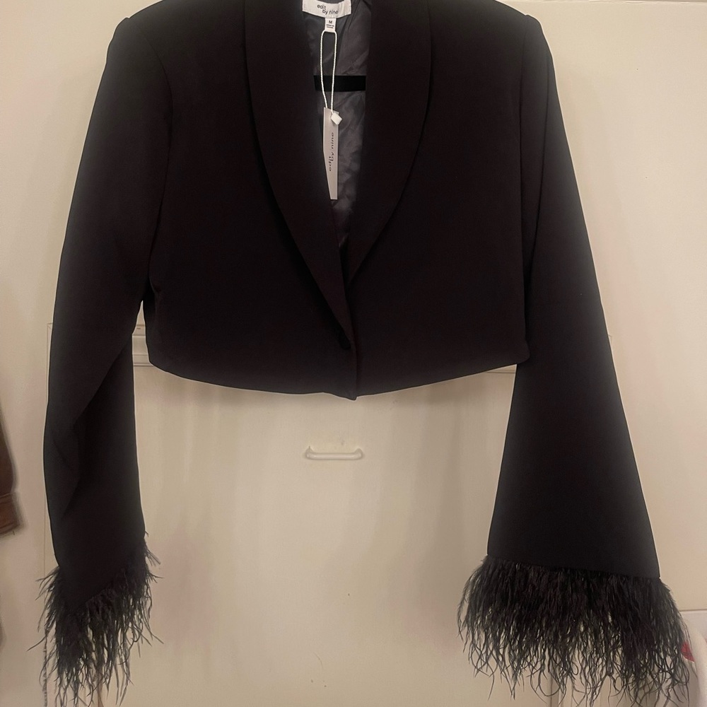 Black Cropped Blazer with Ostrich Feather Cuff Trim